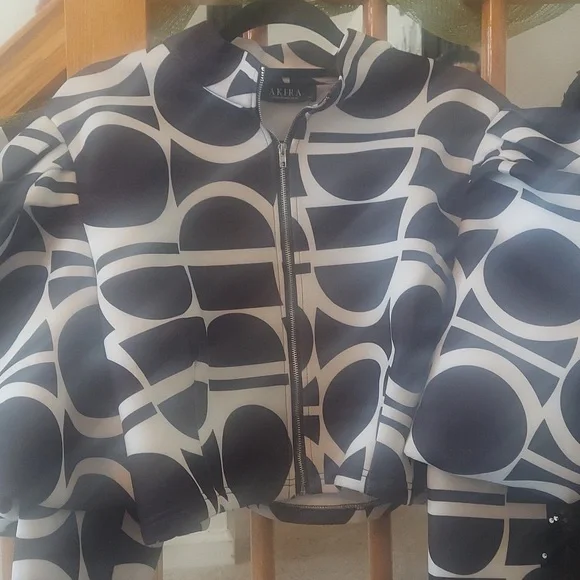 AKIRA Black and White Geometric Bomber Jacket - Picture 3 of 9